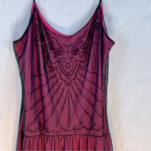 Citi Dress Pink Black Netting Over Black Beading Spaghetti Straps Slip Dress 16 - Picture 2 of 6